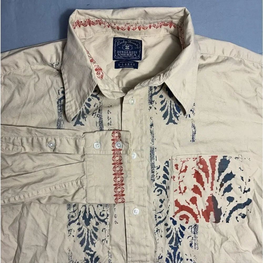 Vintage Lucky Brand Dungarees America Western Button Down XL Beige Tan